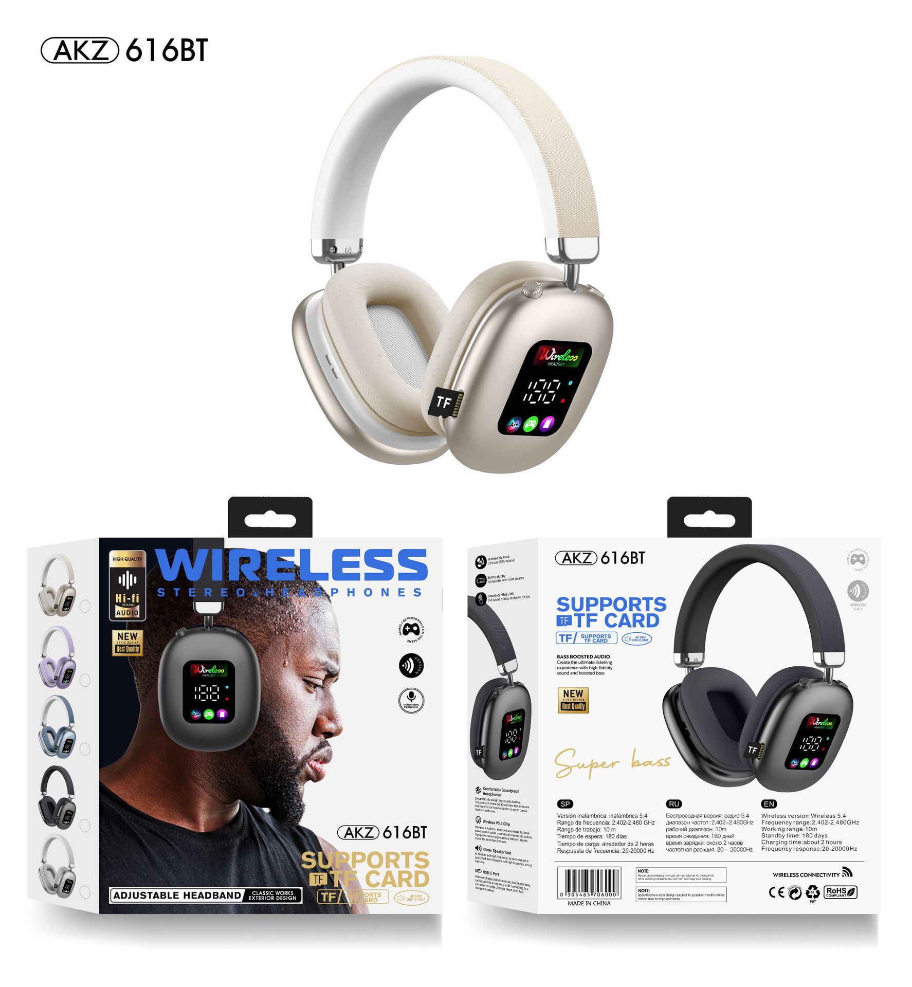 Image of AKZ MAX600 Wireless Bluetooth Headphones – Custom-Molded with RGB Display