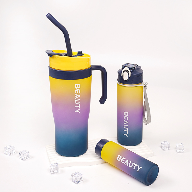 Image of Gradient Frosted Ice Cup – Double-Drink Straw Plastic Cup with Handle (1200ml)