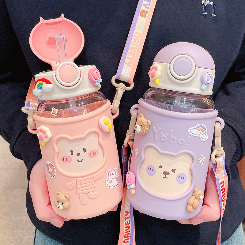 Image of Cute Bear Straw Water Bottle – Large-Capacity Plastic Cup for Kids & Students