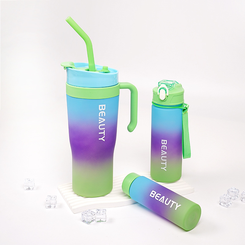 Image of Gradient Frosted Ice Cup – Double-Drink Straw Plastic Cup with Handle (1200ml)