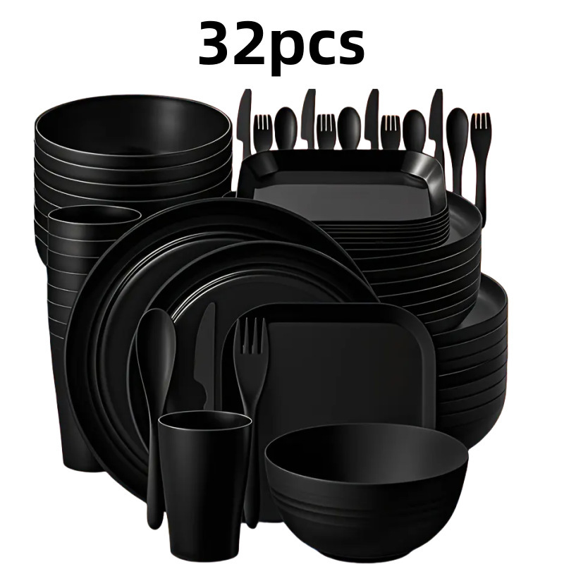 Image of Durable Plastic Dinnerware Set – 32-Piece Lightweight Tableware for Home, Camping, Parties | Microwave-Safe, Shatterproof
