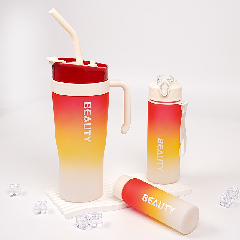 Image of Gradient Frosted Ice Cup – Double-Drink Straw Plastic Cup with Handle (1200ml)