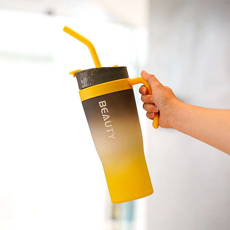 Image of Gradient Frosted Ice Cup – Double-Drink Straw Plastic Cup with Handle (1200ml)