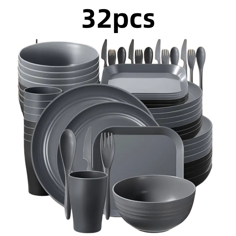 Image of Durable Plastic Dinnerware Set – 32-Piece Lightweight Tableware for Home, Camping, Parties | Microwave-Safe, Shatterproof
