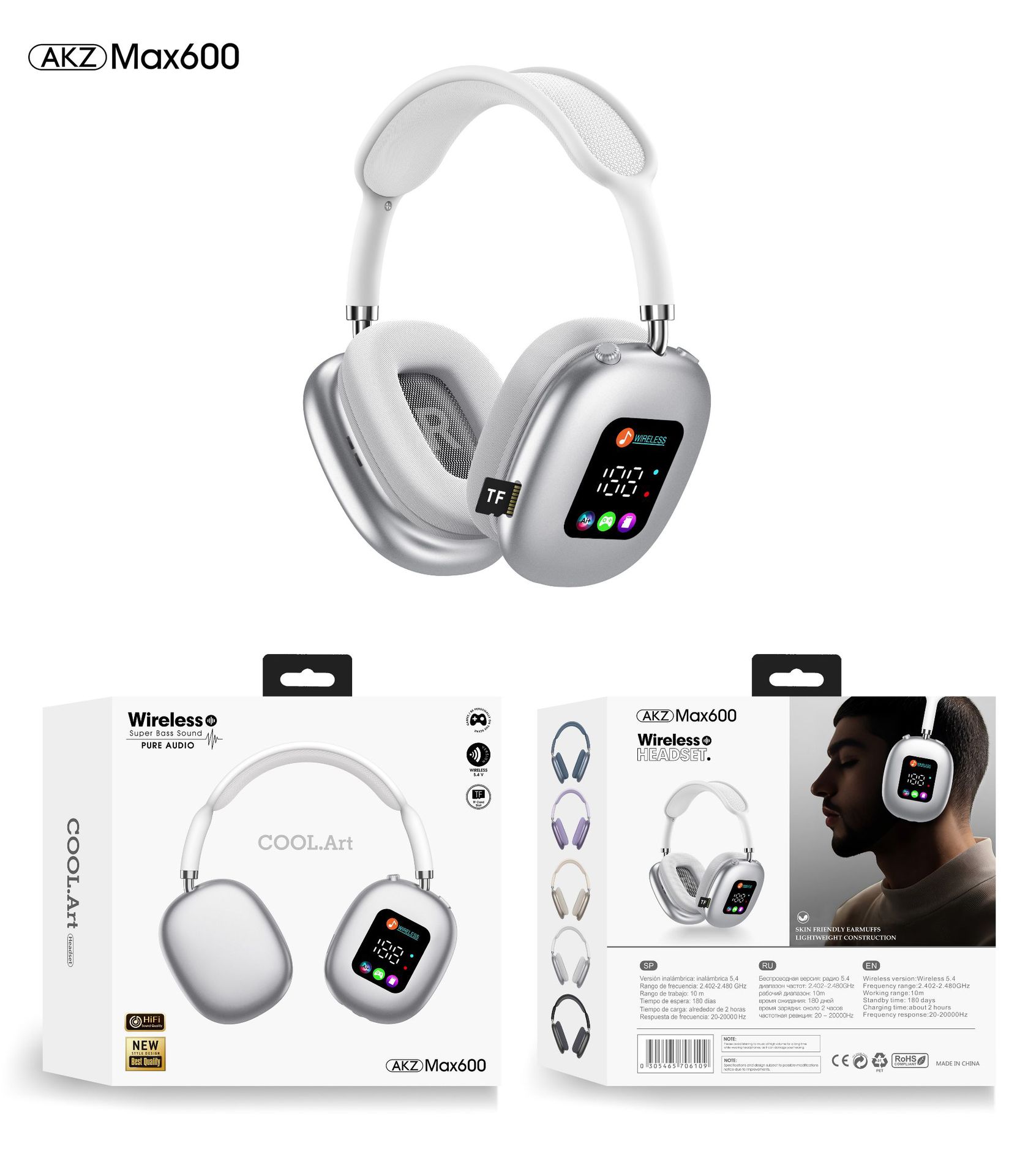 Image of AKZ MAX600 Wireless Bluetooth Headphones – Custom-Molded with RGB Display