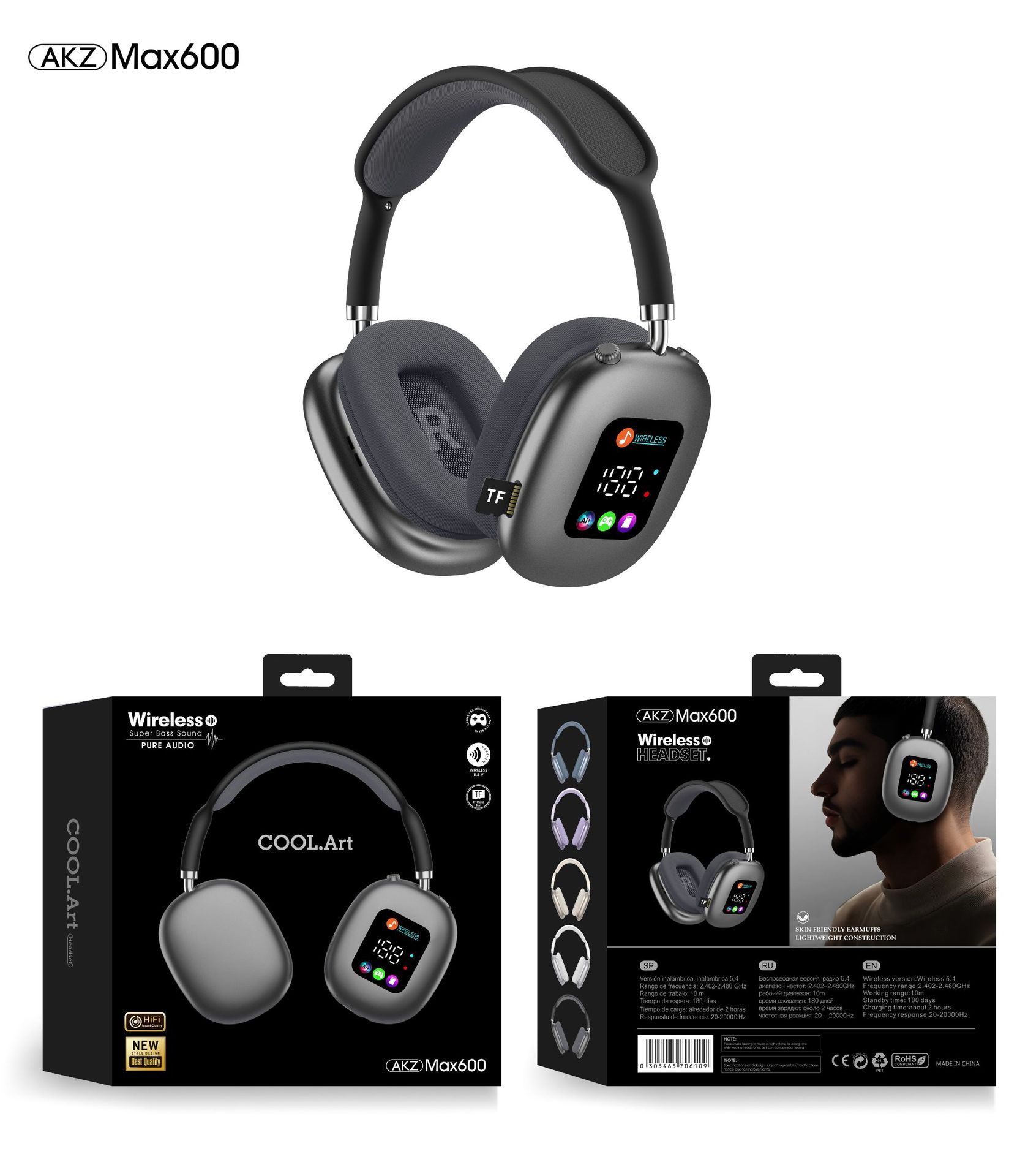 Image of AKZ MAX600 Wireless Bluetooth Headphones – Custom-Molded with RGB Display
