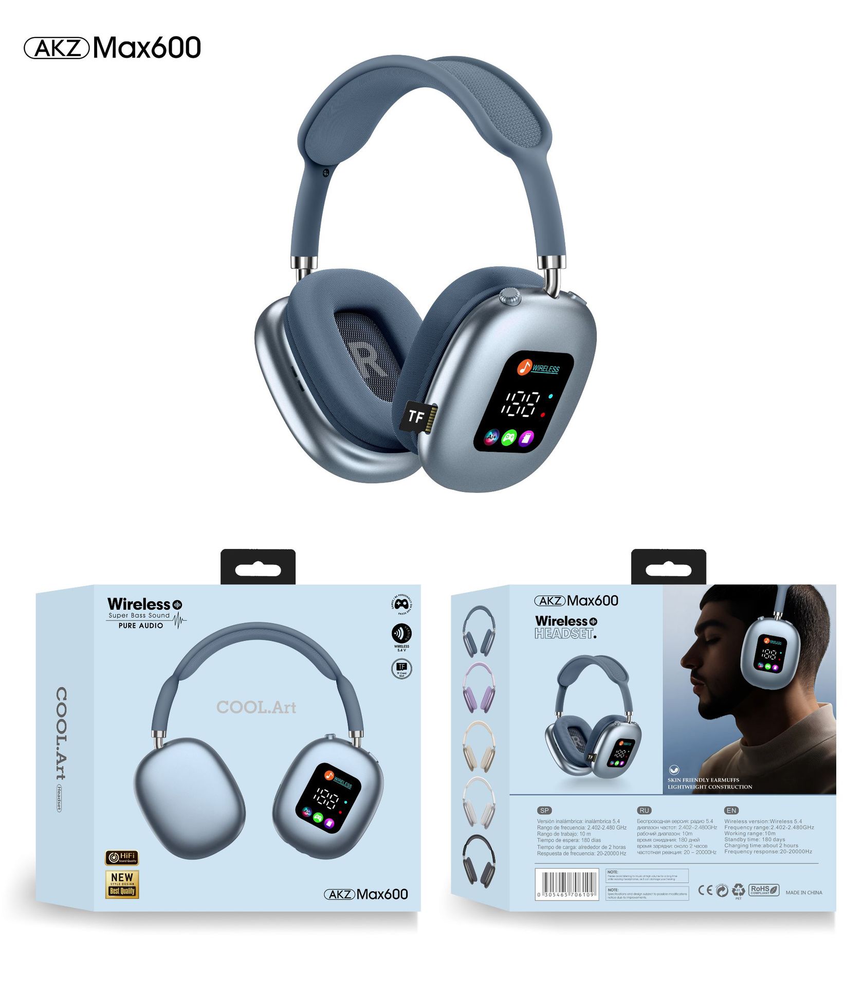 Image of AKZ MAX600 Wireless Bluetooth Headphones – Custom-Molded with RGB Display