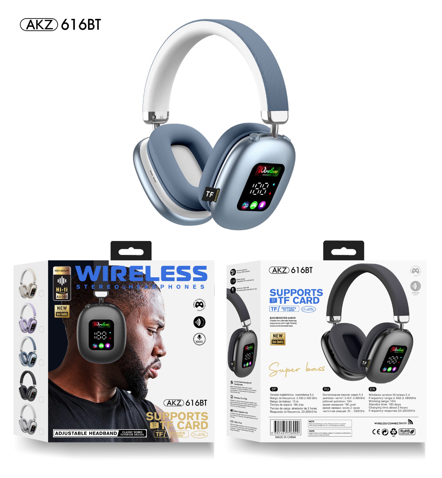 Image of AKZ MAX600 Wireless Bluetooth Headphones – Custom-Molded with RGB Display