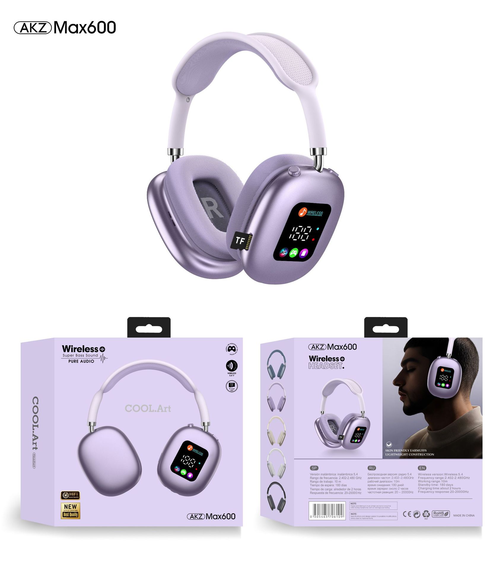 Image of AKZ MAX600 Wireless Bluetooth Headphones – Custom-Molded with RGB Display