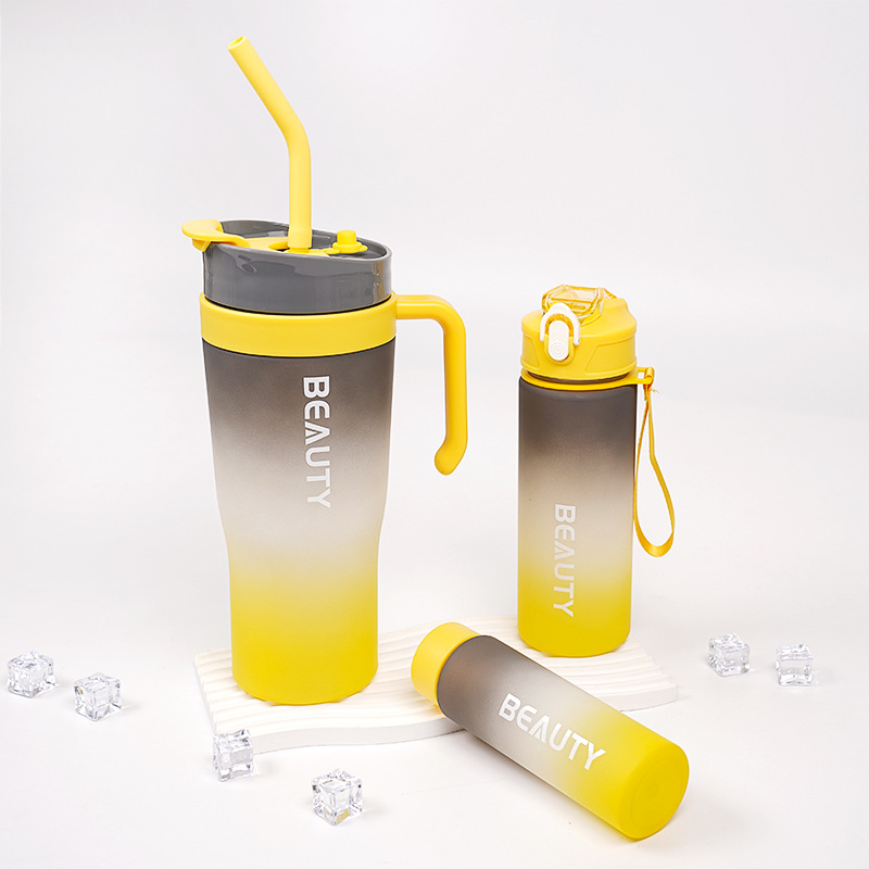 Image of Gradient Frosted Ice Cup – Double-Drink Straw Plastic Cup with Handle (1200ml)