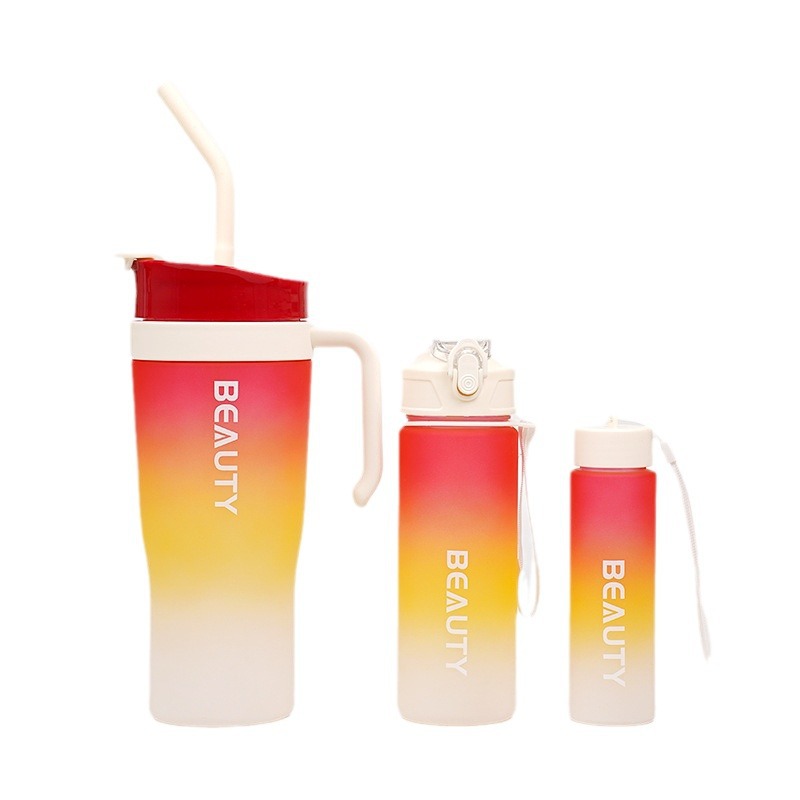 Image of Gradient Frosted Ice Cup – Double-Drink Straw Plastic Cup with Handle (1200ml)