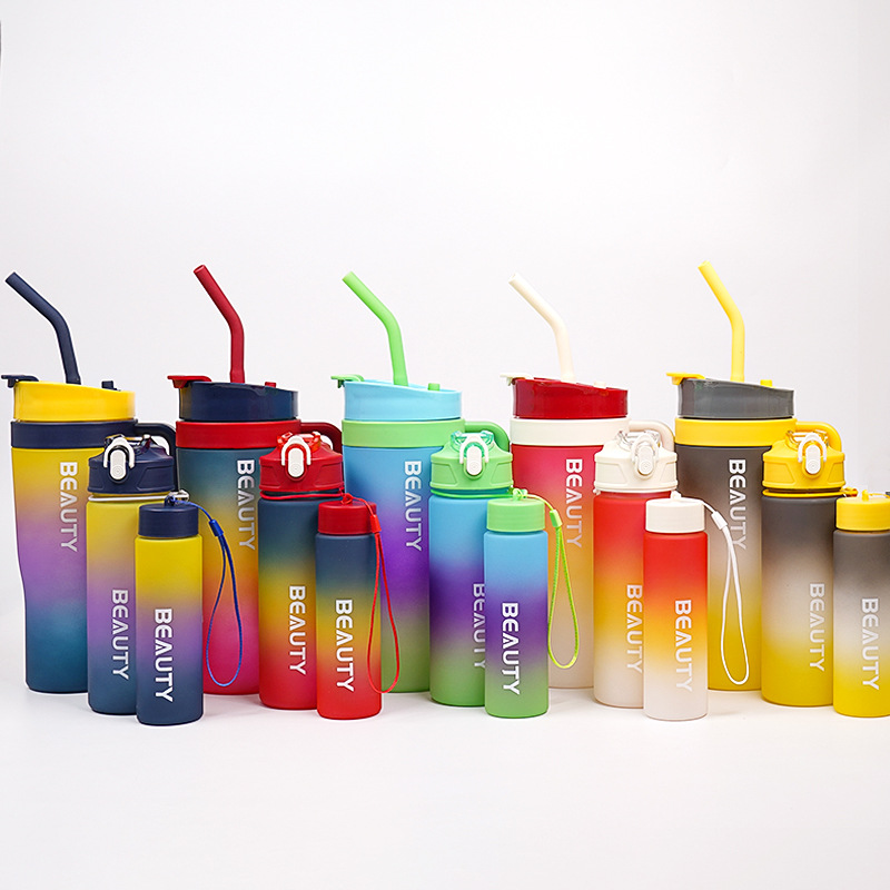 Gradient Frosted Ice Cup – Double-Drink Straw Plastic Cup with Handle (1200ml)