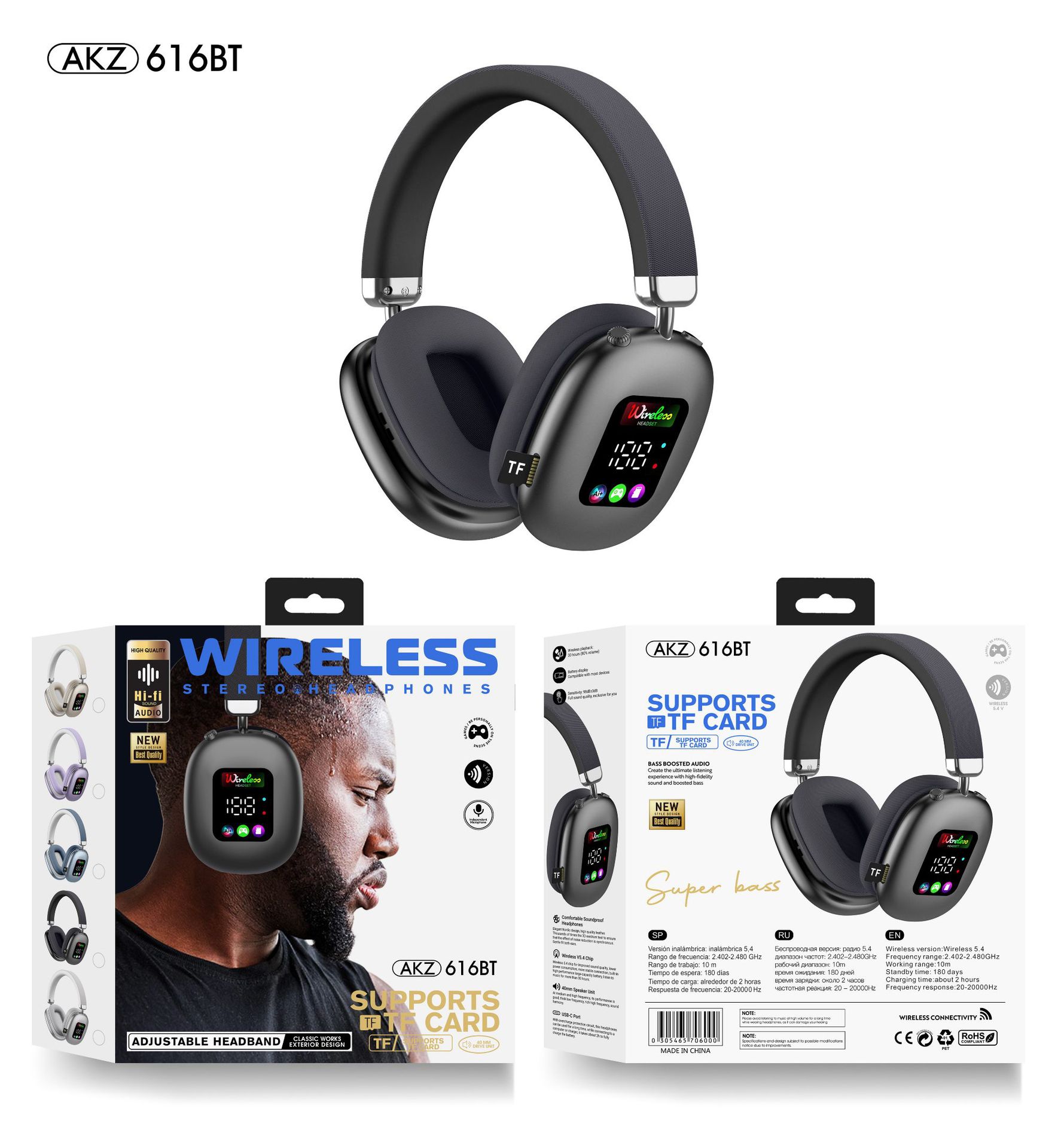 Image of AKZ MAX600 Wireless Bluetooth Headphones – Custom-Molded with RGB Display