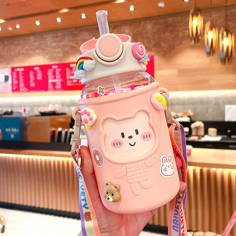 Image of Cute Bear Straw Water Bottle – Large-Capacity Plastic Cup for Kids & Students