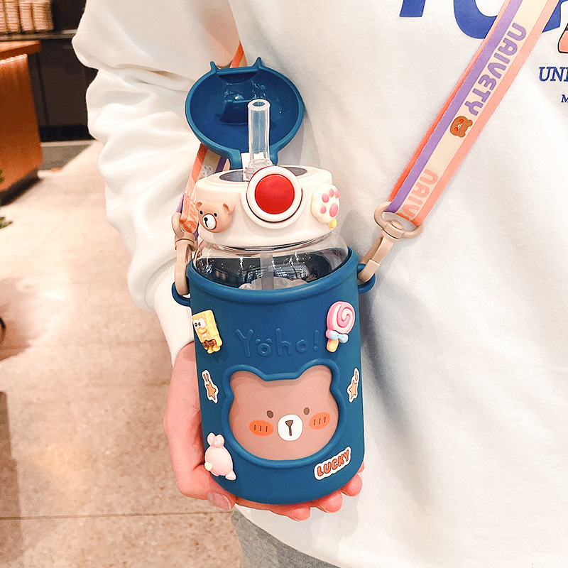 Image of Cute Bear Straw Water Bottle – Large-Capacity Plastic Cup for Kids & Students