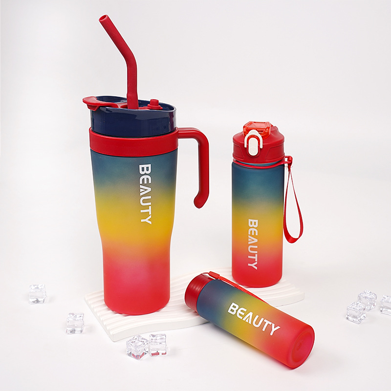 Image of Gradient Frosted Ice Cup – Double-Drink Straw Plastic Cup with Handle (1200ml)