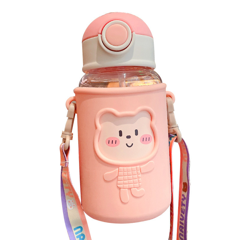 Image of Cute Bear Straw Water Bottle – Large-Capacity Plastic Cup for Kids & Students