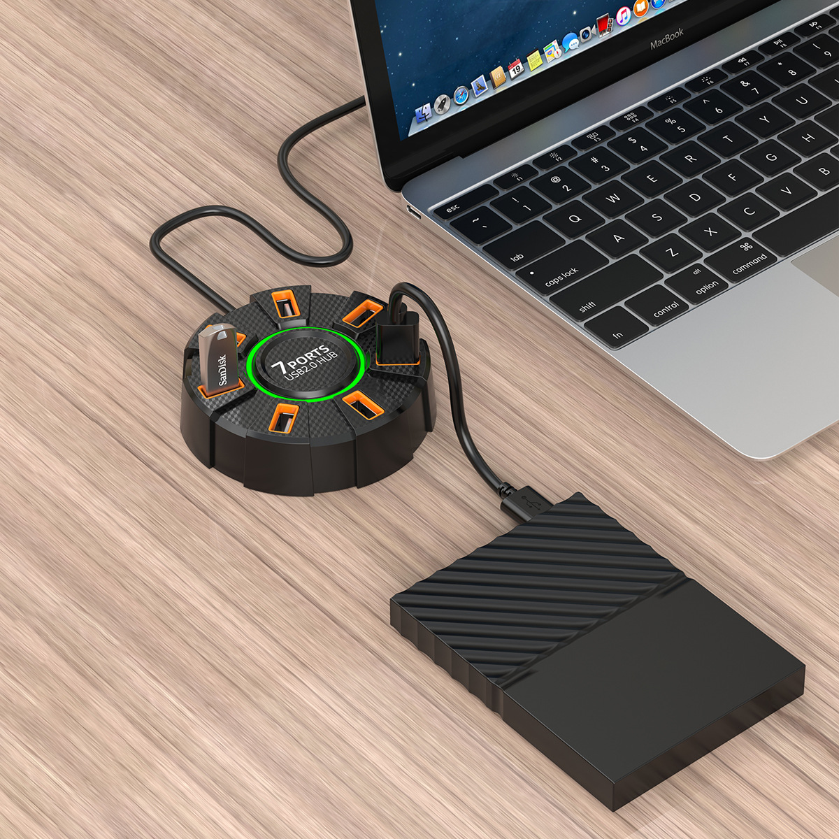 Image of High-Speed 7-Port USB 2.0 Hub with Colorful Ambient Lighting – Model A065