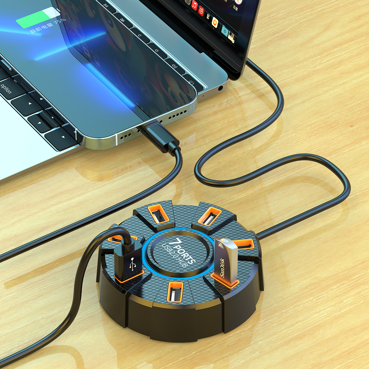 High-Speed 7-Port USB 2.0 Hub with Colorful Ambient Lighting – Model A065