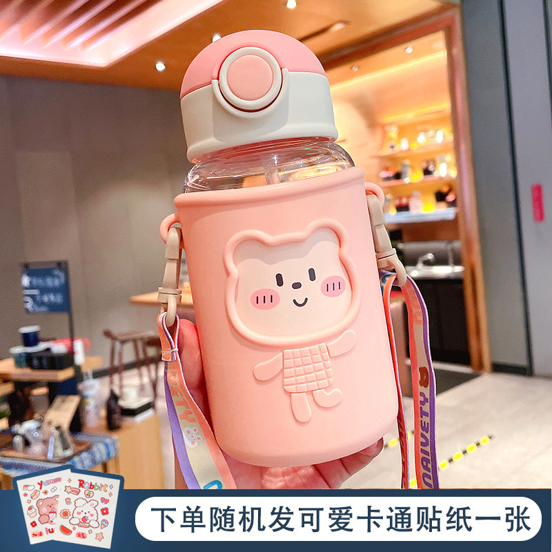 Image of Cute Bear Straw Water Bottle – Large-Capacity Plastic Cup for Kids & Students