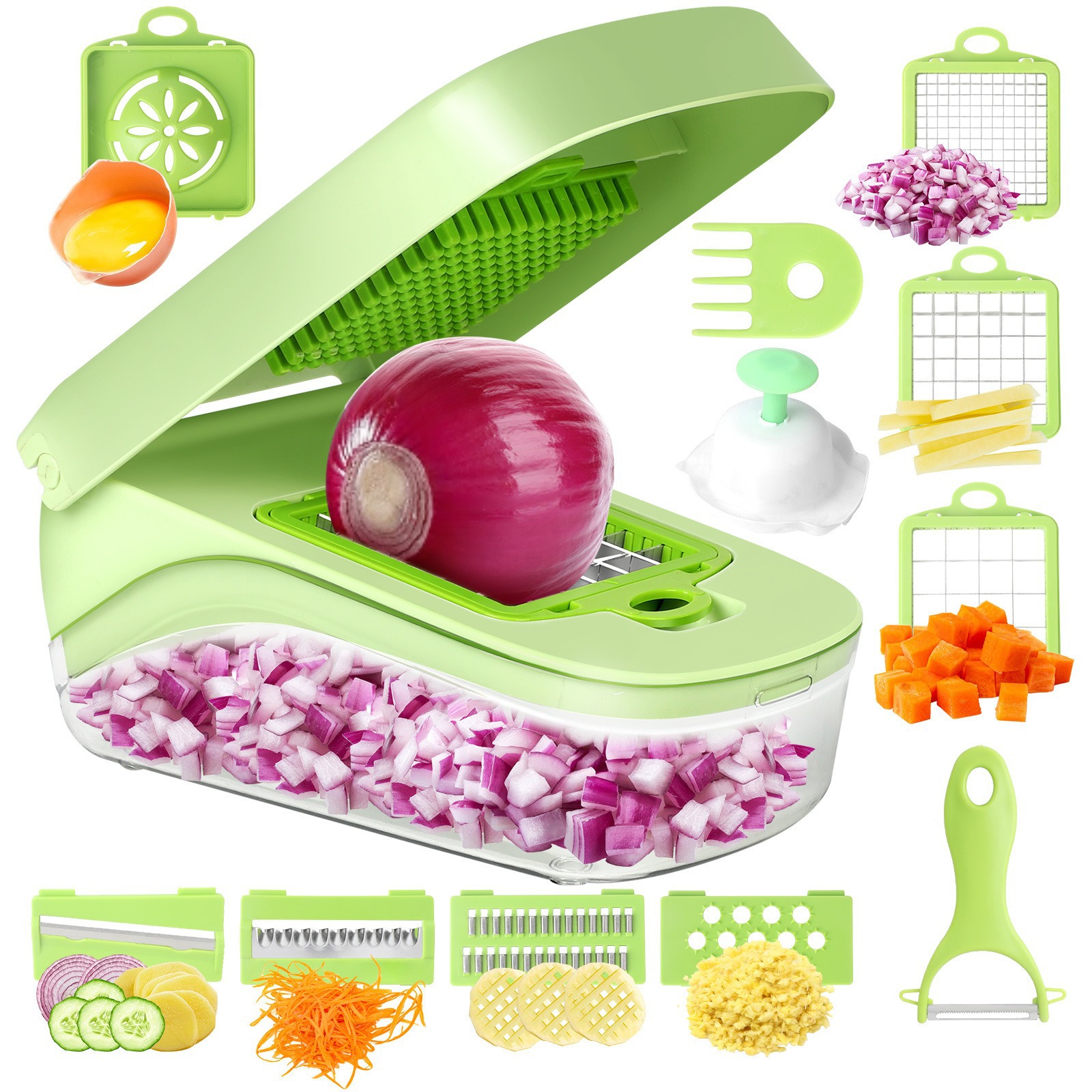 Image of 17-in-1 Multi-Function Vegetable Cutter and Slicer | Manual Chopper Dicer Grater Set for Kitchen | ABS + Stainless Steel Food Processor