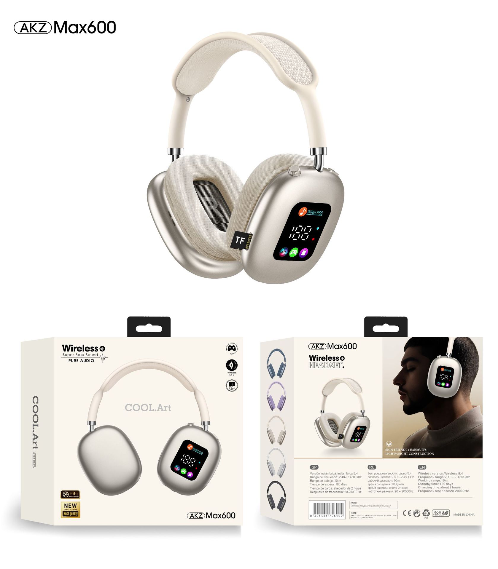 Image of AKZ MAX600 Wireless Bluetooth Headphones – Custom-Molded with RGB Display