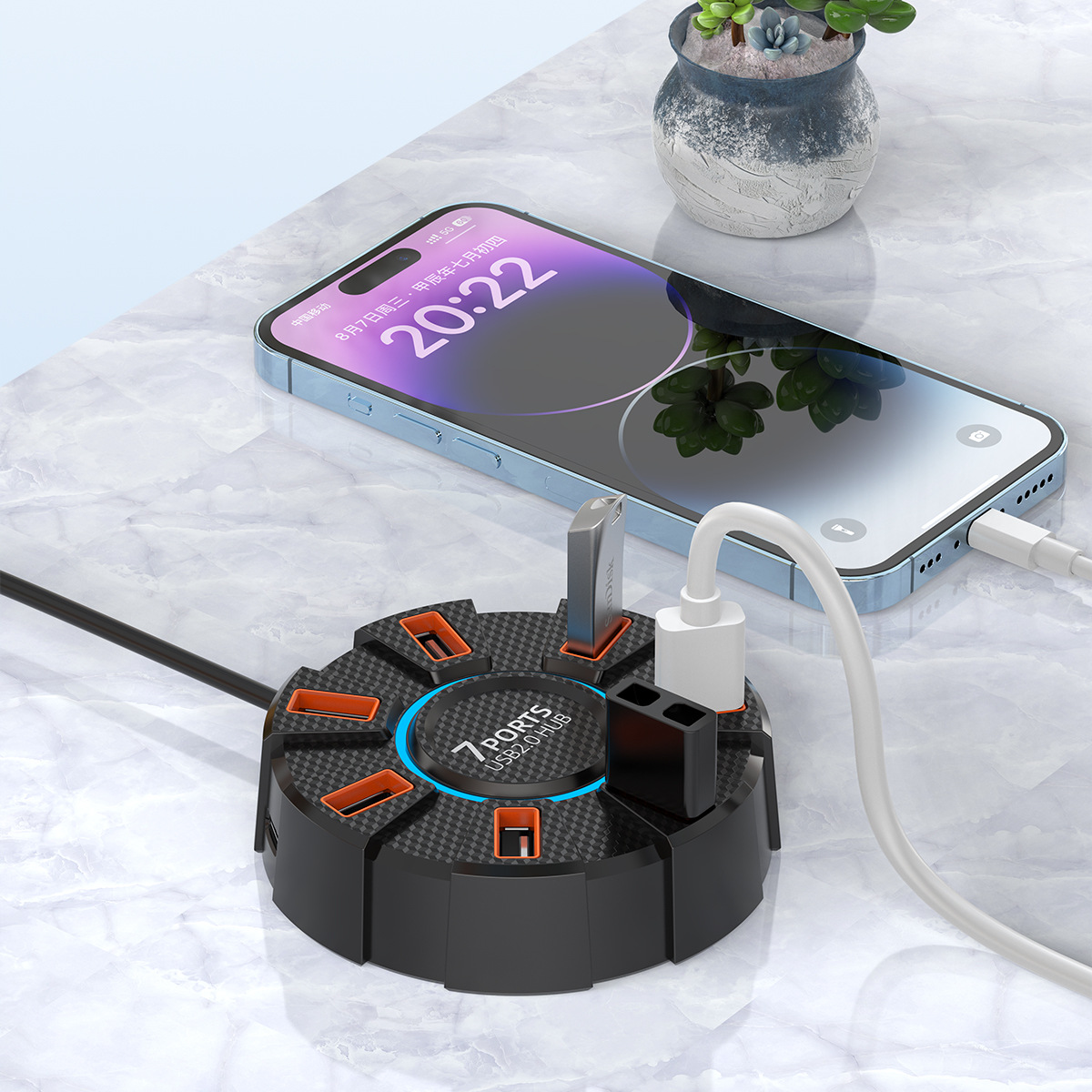 Image of High-Speed 7-Port USB 2.0 Hub with Colorful Ambient Lighting – Model A065