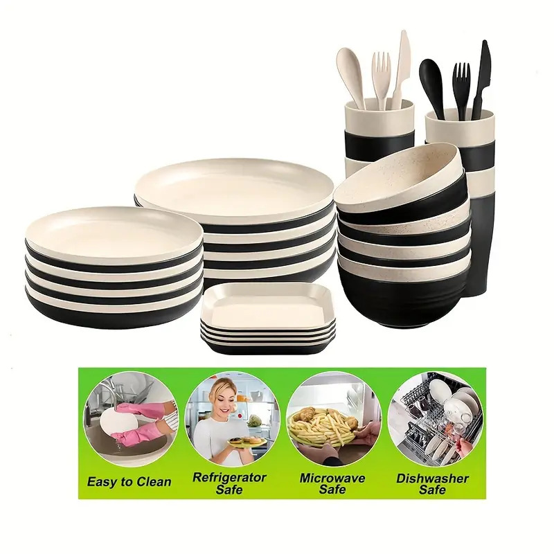 Image of Durable Plastic Dinnerware Set – 32-Piece Lightweight Tableware for Home, Camping, Parties | Microwave-Safe, Shatterproof