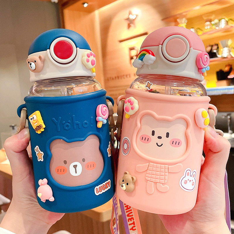 Image of Cute Bear Straw Water Bottle – Large-Capacity Plastic Cup for Kids & Students